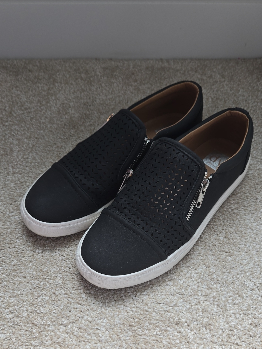 Women's Black Perforated Slip-On Loafers with Side Zips